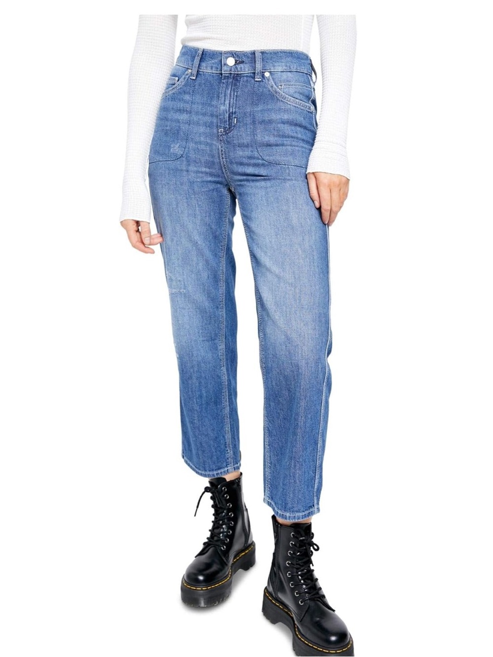 Free People Womens Chloe Baby Denim Cropped Straight Leg Jeans Blue Small